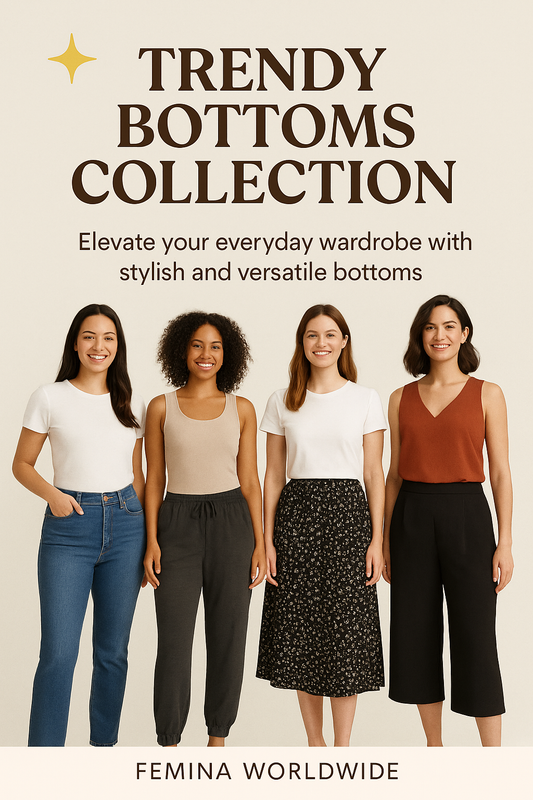 Four diverse women wearing stylish bottoms from Femina Worldwide’s Trendy Bottoms Collection, standing confidently against a neutral background.