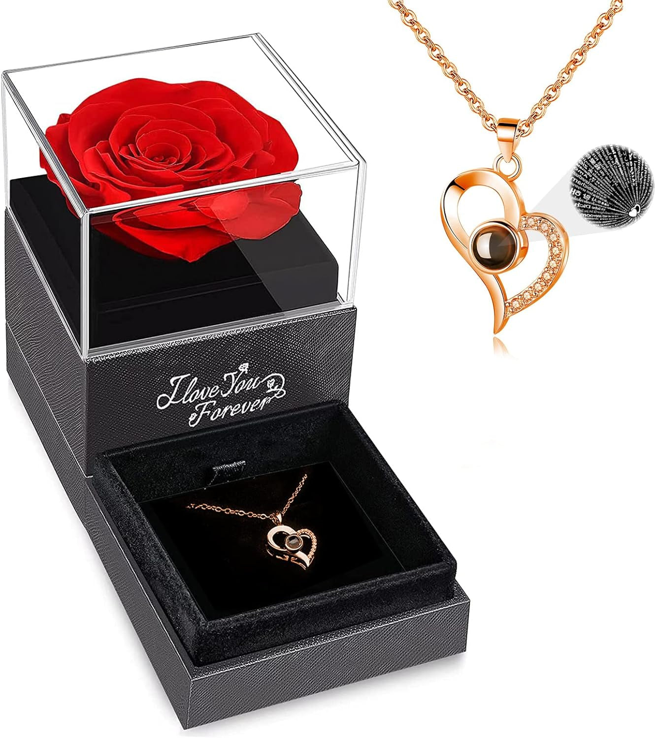 Preserved Real Rose with "I Love You" Necklace - Thoughtful Gift for Her
