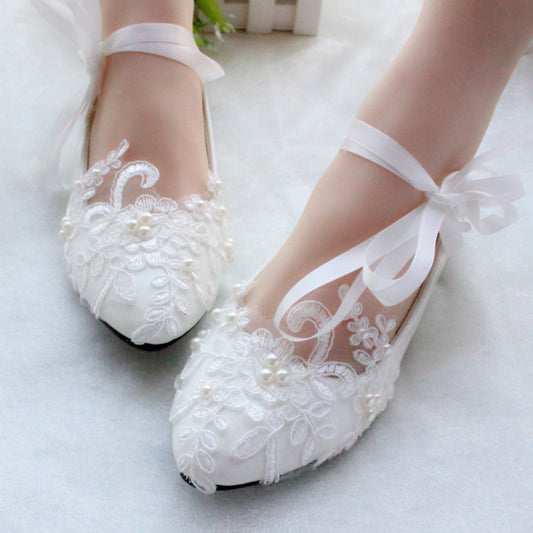 White flat lace wedding bridal shoes