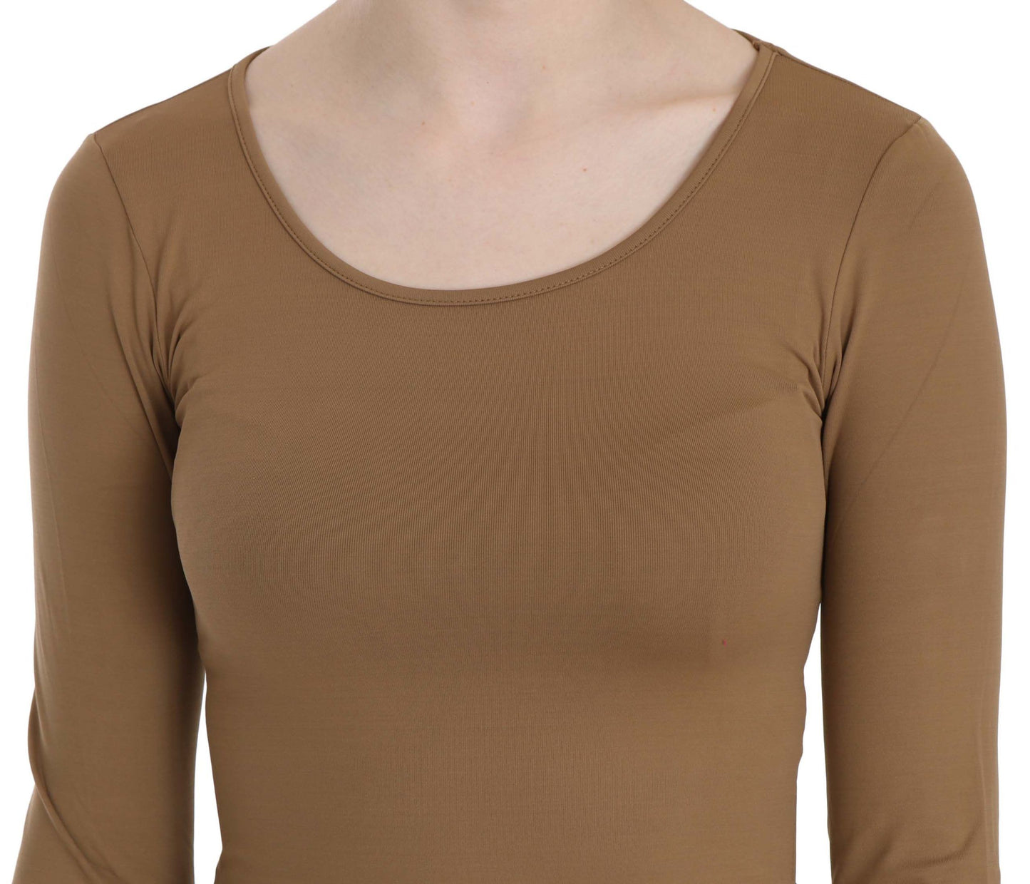 GF Ferre Brown Long Round Neck Sleeve Fitted Shirt Tops Blouse