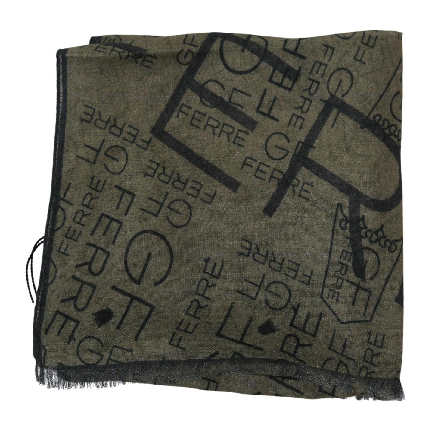 GF Ferre Green Wool Viscose Foulard Patterned Branded Scarf