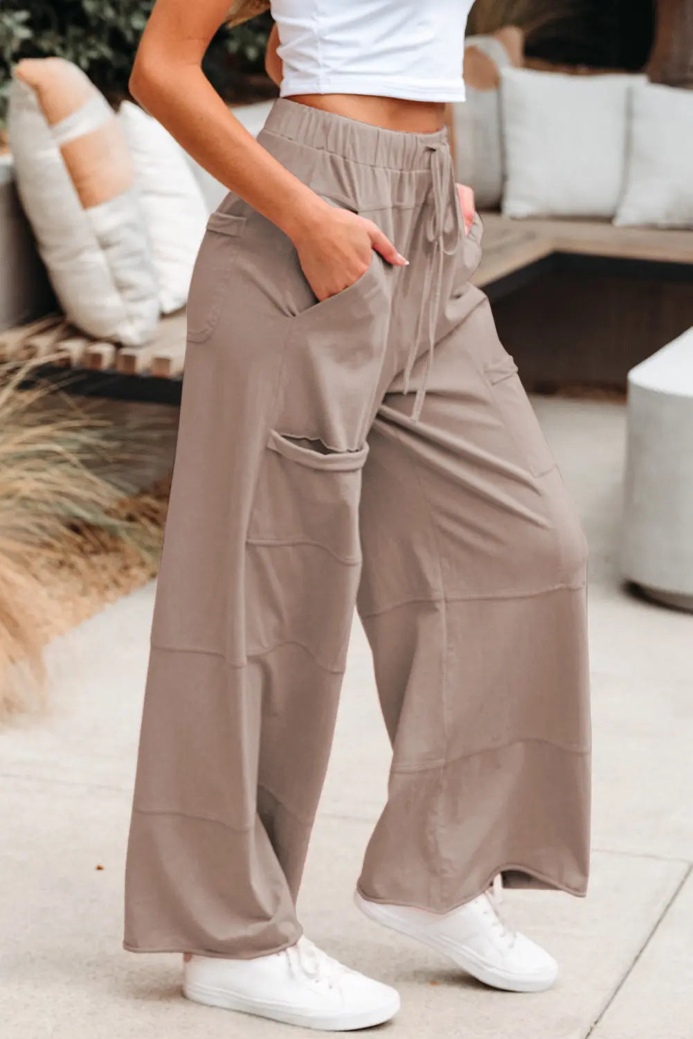 Bonbon Mineral Wash Exposed Seam Drawstring Elastic Waistband Wide Leg Cargo Pants Dear-Lover Dropshipping