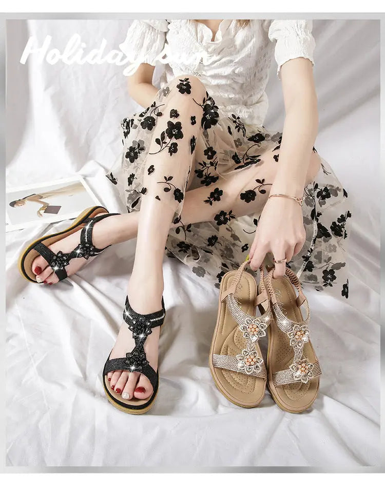 Boho Style Flat FLower Rhinestone Sandals My Store