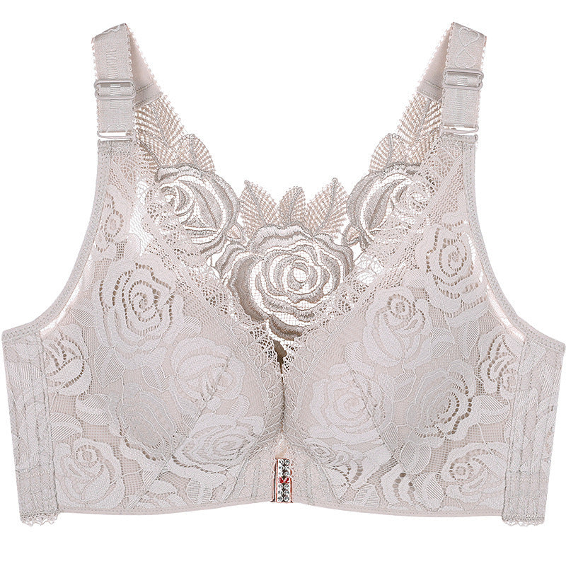 Summer New Rose Thin Bras Gathering Adjustable Underwear Big Chest Front Buckle Beautiful Back Big Size Bra