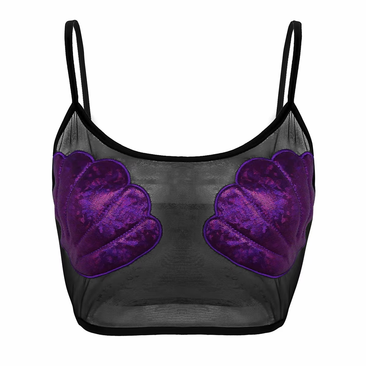 Women Sheer Mesh Mermaid Sea Shell Crop Tank Top Corset Sexy Clubwear Nightwear Spaghetti Straps Vest Crop Top Raves Party Dance