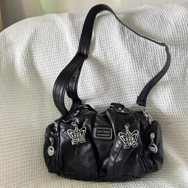 Xiuya Y2K Black Womens Shoulder Bag Gothic Original Advanced Fashion Tote Bag Large Capacity Leather Motorcycle Vintage Handbag