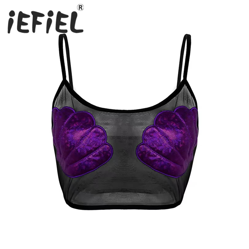 Iefiel Newest Fashion Women Spaghetti Straps Sheer Mesh Mermaid Sea Shell Vest Crop Tank Top Party Clubwear Nightwear Crop Top
