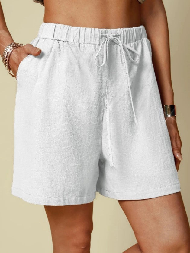 Solid Color Loose Casual Elastic Waist Lace-up Shorts For Women