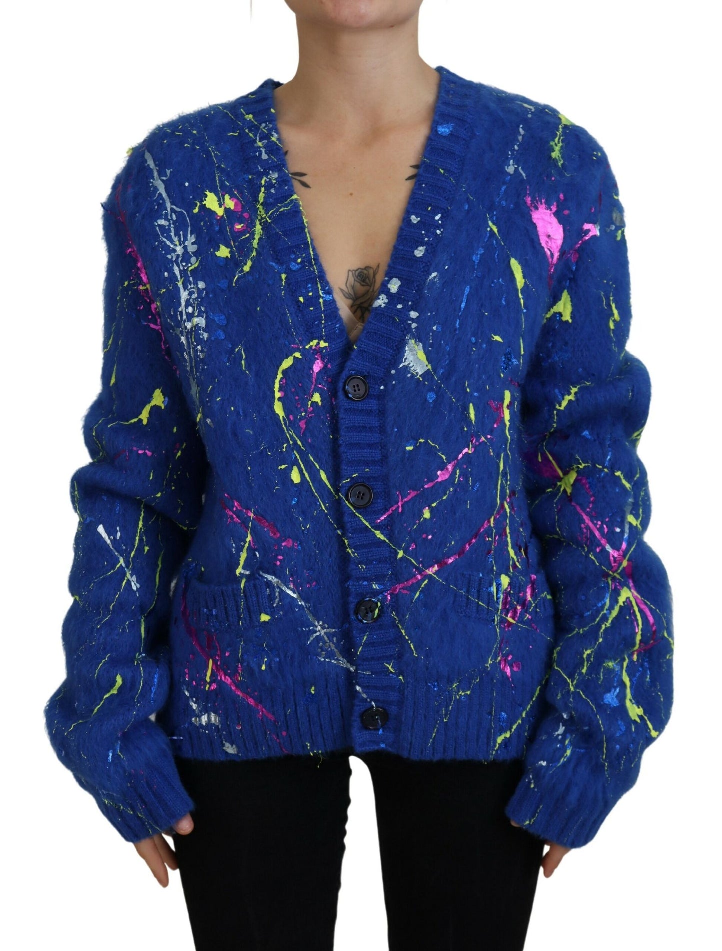 Dolce & Gabbana Blue Color Splash Mohair Cardigan Sweater