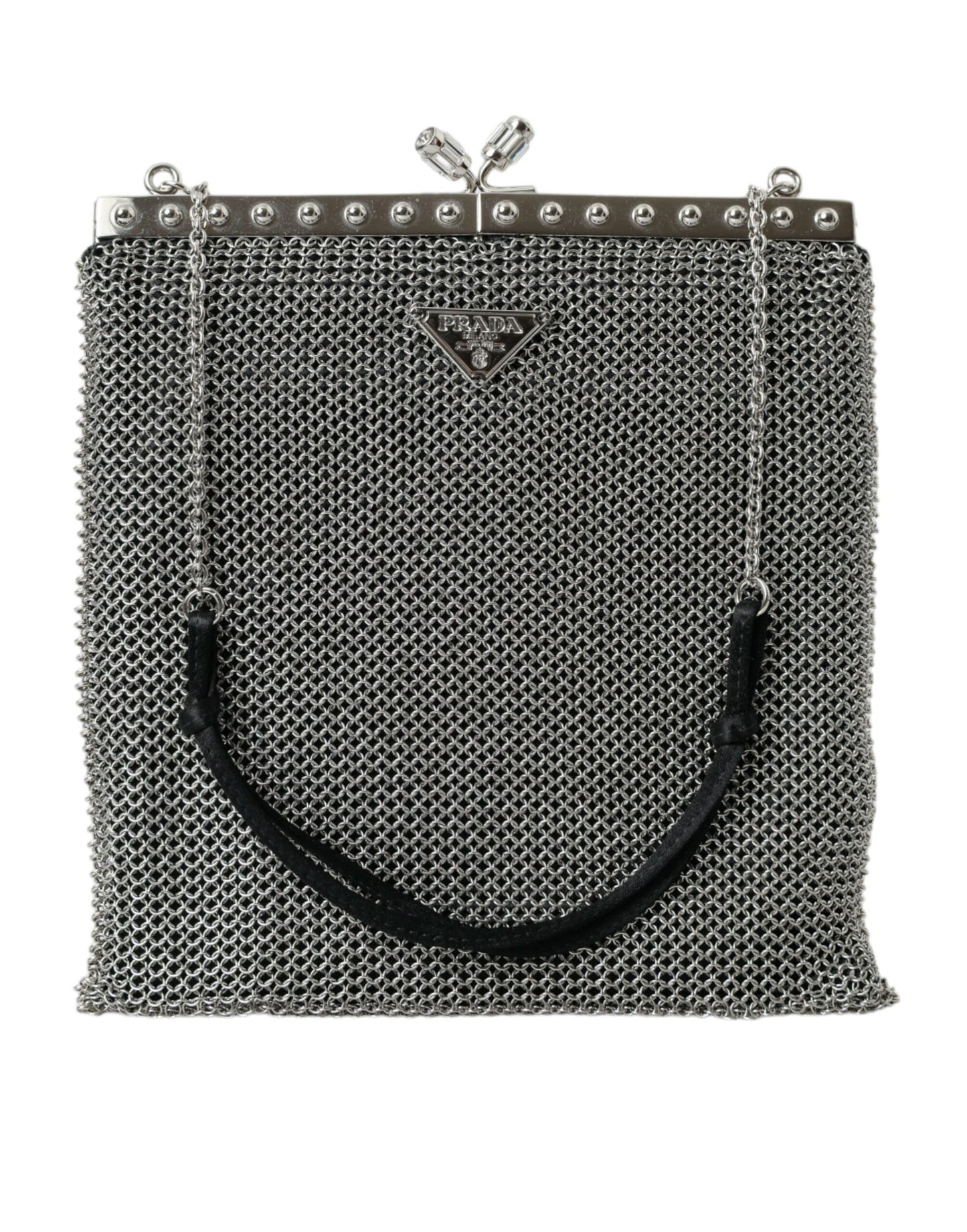 Prada Gray Chain Metal Mesh Logo Plaque Bandoliera Shoulder Bag