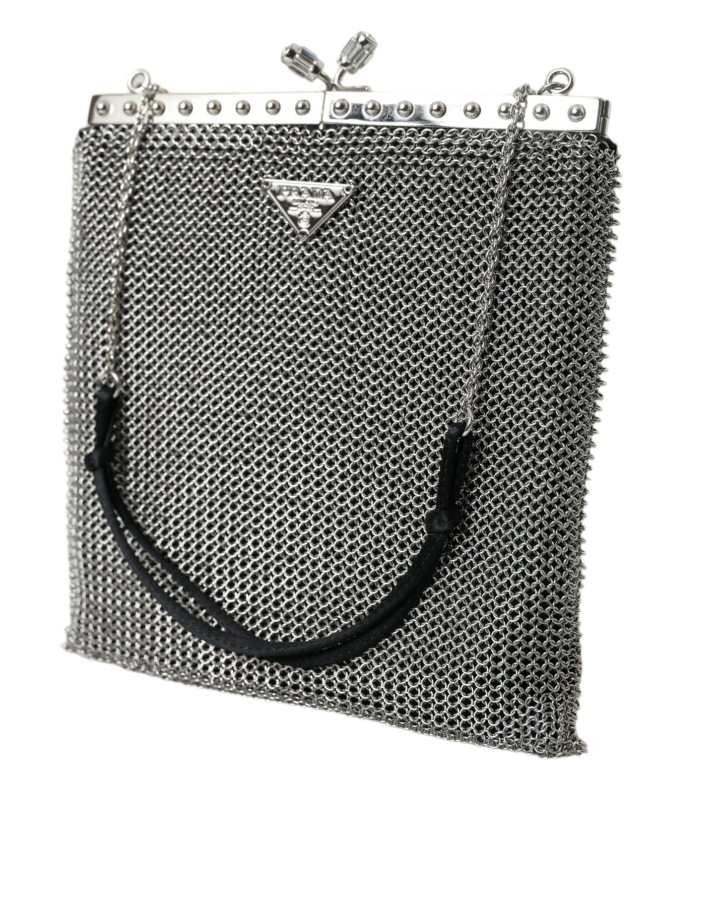 Prada Gray Chain Metal Mesh Logo Plaque Bandoliera Shoulder Bag