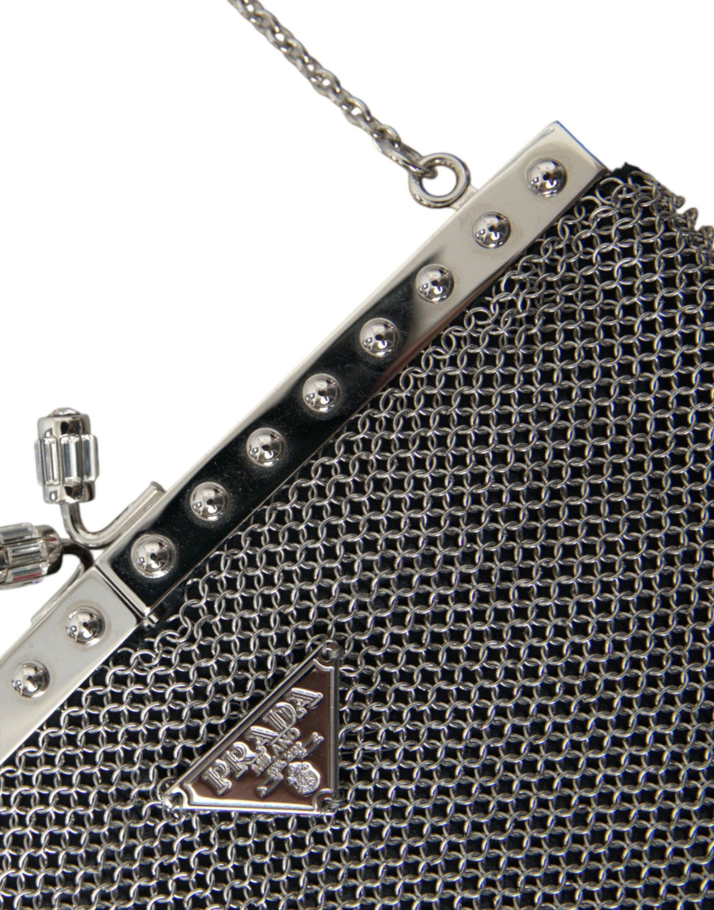 Prada Gray Chain Metal Mesh Logo Plaque Bandoliera Shoulder Bag