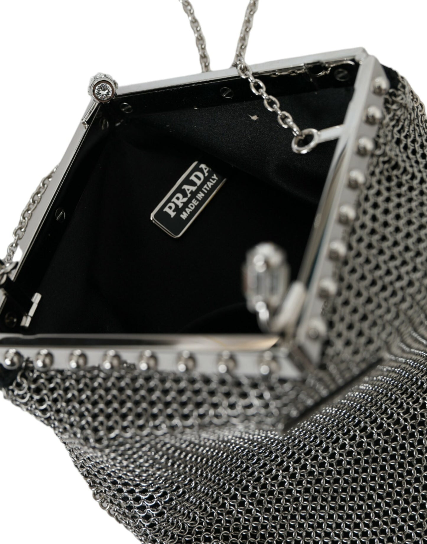 Prada Gray Chain Metal Mesh Logo Plaque Bandoliera Shoulder Bag