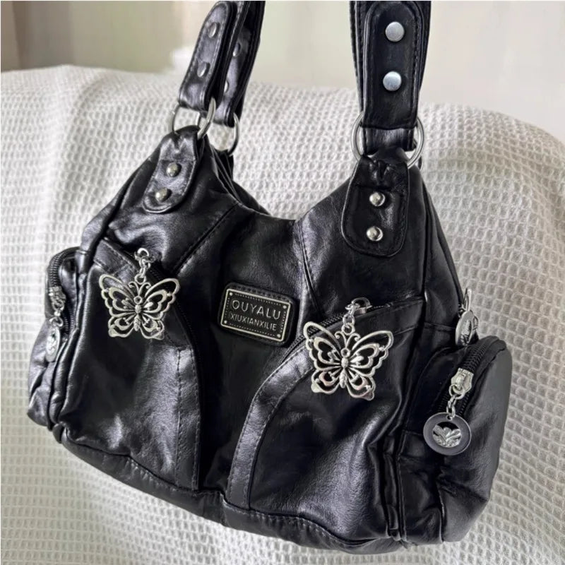 Xiuya Y2K Black Womens Shoulder Bag Gothic Original Advanced Fashion Tote Bag Large Capacity Leather Motorcycle Vintage Handbag