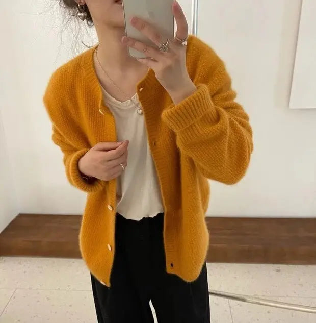 Autumn And Winter Cashmere Cardigan For Women Round Neck Thickened Knitted My Store