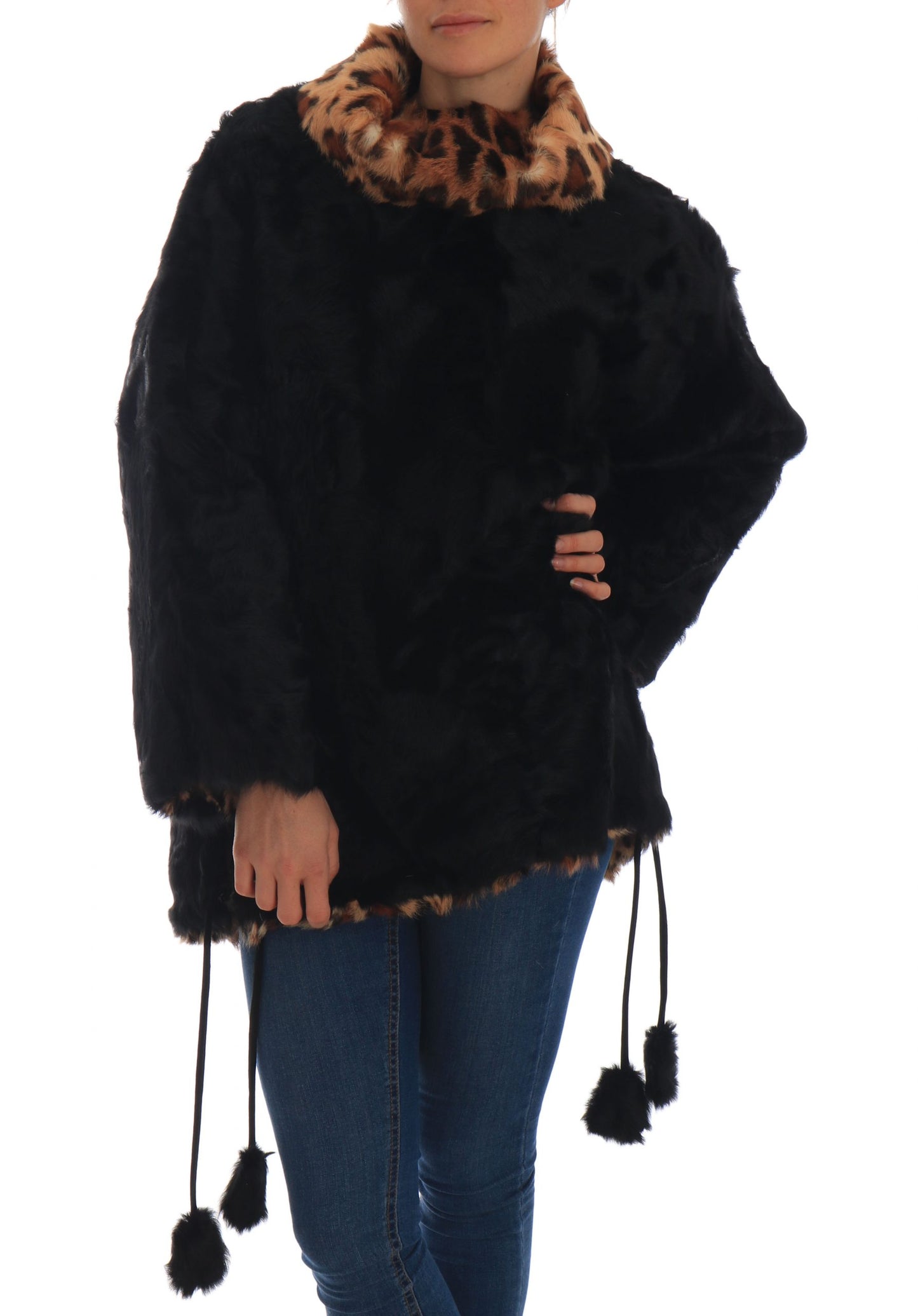 Dolce & Gabbana Black Lamb Leopard Print Fur Coat Jacket