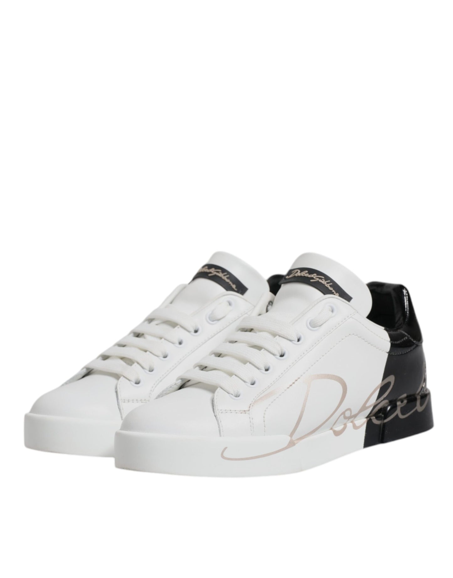Dolce & Gabbana White Black Leather Low Top Sneakers Shoes
