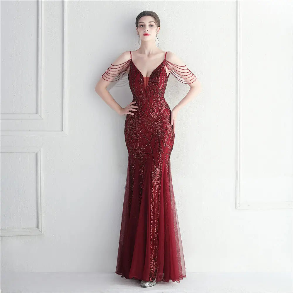 Mesh Beaded Bridal Wedding Dinner Long Camisole Evening Gown My Store