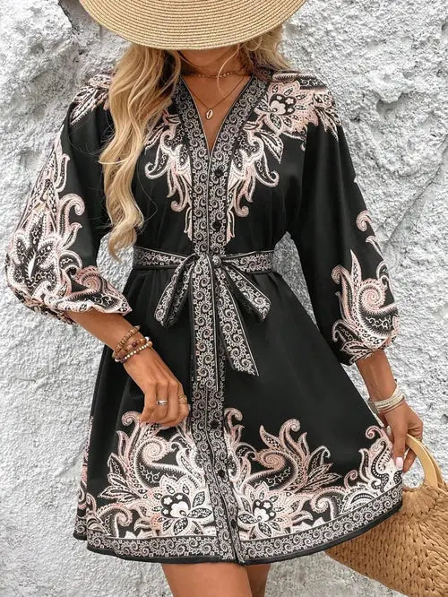 Paisley V-Neck 3/4 Sleeve Mini Dress Crimson Medea