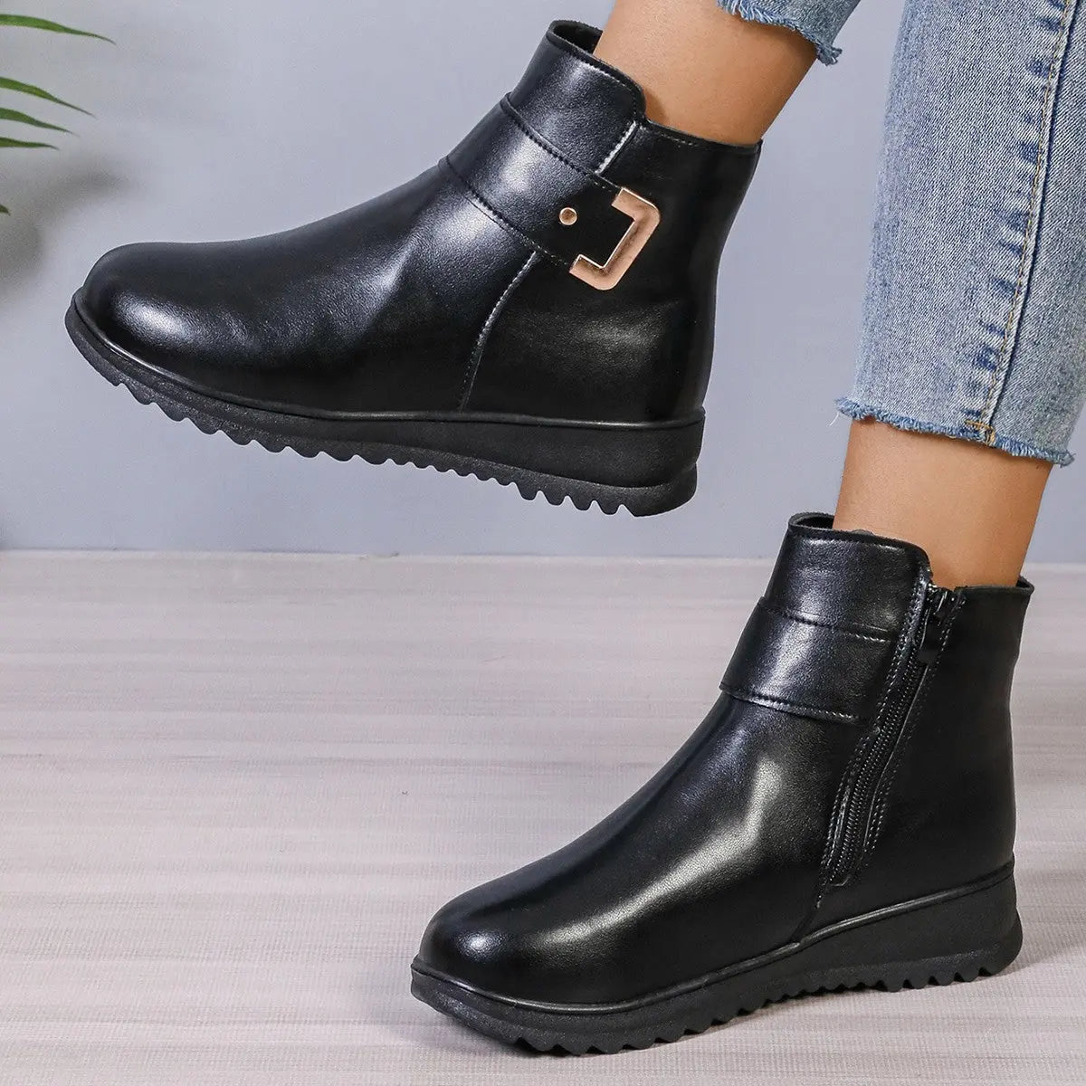 Winter Fleece Boots With Side Zipper Design Fashion Simple Non-slip Ankle Boots For Women Warm Pu Leather Shoes My Store
