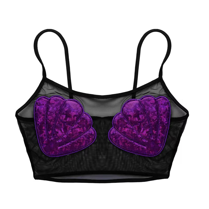 Iefiel Newest Fashion Women Spaghetti Straps Sheer Mesh Mermaid Sea Shell Vest Crop Tank Top Party Clubwear Nightwear Crop Top