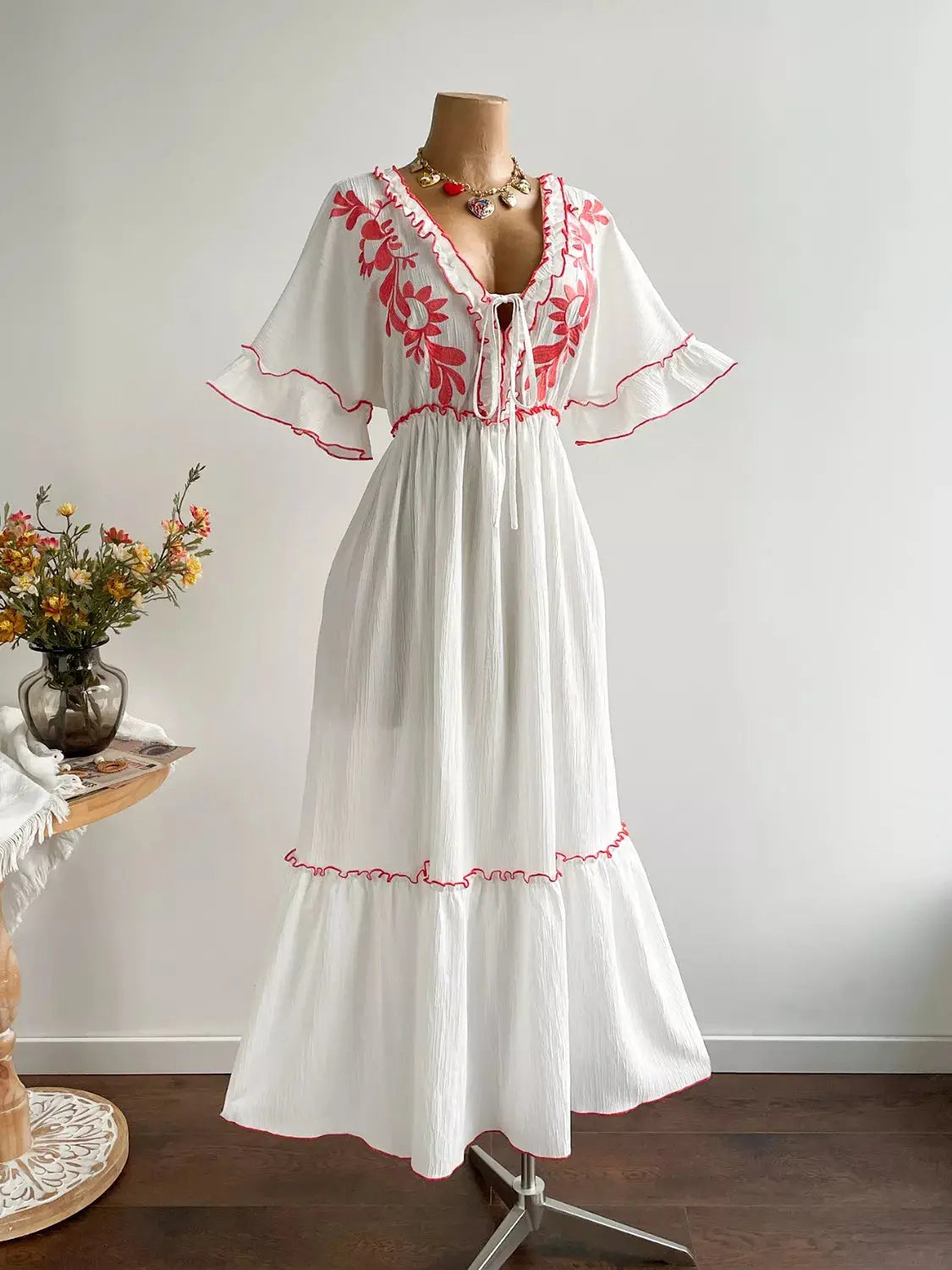 Plus Size Front Tie Maxi Dress with Floral Embroidered Crimson Medea