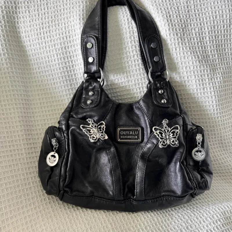 Xiuya Y2K Black Womens Shoulder Bag Gothic Original Advanced Fashion Tote Bag Large Capacity Leather Motorcycle Vintage Handbag