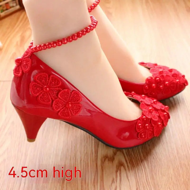 Red Bridal Shoes Pearl Anklet Large Size Women's Shoes My Store