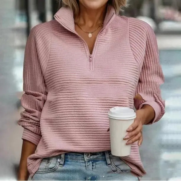 Zipper Stand Collar Pullover Sweatshirt Fashion Solid Striped Long Sleeve Top Spring And Autumn Women's Clothing My Store