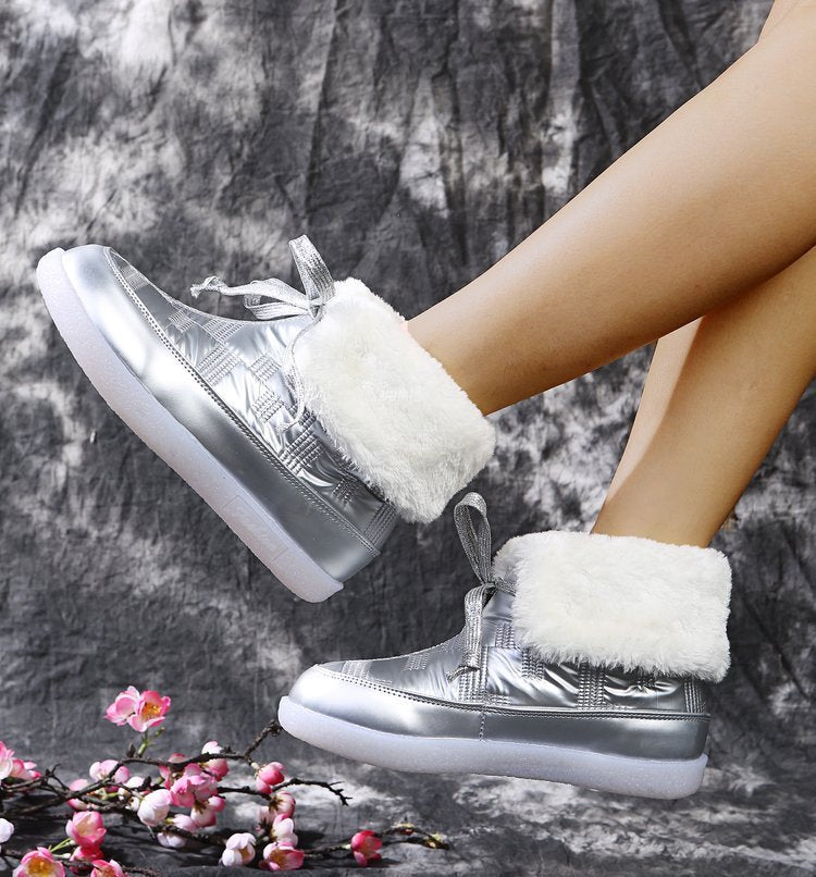 Fur-Trimmed Snowshoe Short-Barrel Cotton Boot Girl