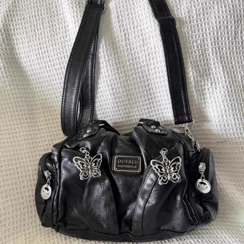 Xiuya Y2K Black Womens Shoulder Bag Gothic Original Advanced Fashion Tote Bag Large Capacity Leather Motorcycle Vintage Handbag