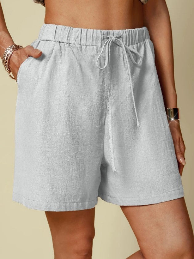 Solid Color Loose Casual Elastic Waist Lace-up Shorts For Women
