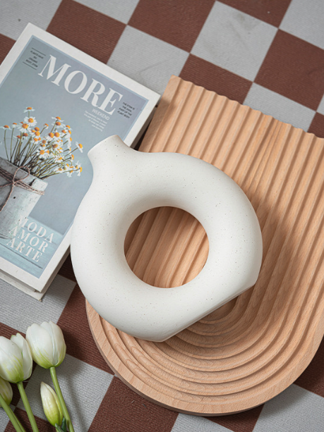 Modern Nordic Circle Ceramic Vase – Minimalist Hollow Sculpture Vessel