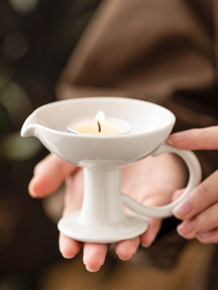 Ceramic Pedestal Candle Holder with Handle – Nordic Style Tealight Sta