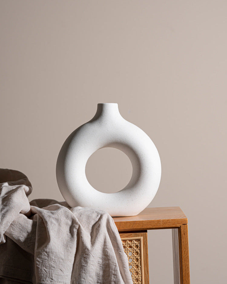 Modern Nordic Circle Ceramic Vase – Minimalist Hollow Sculpture Vessel