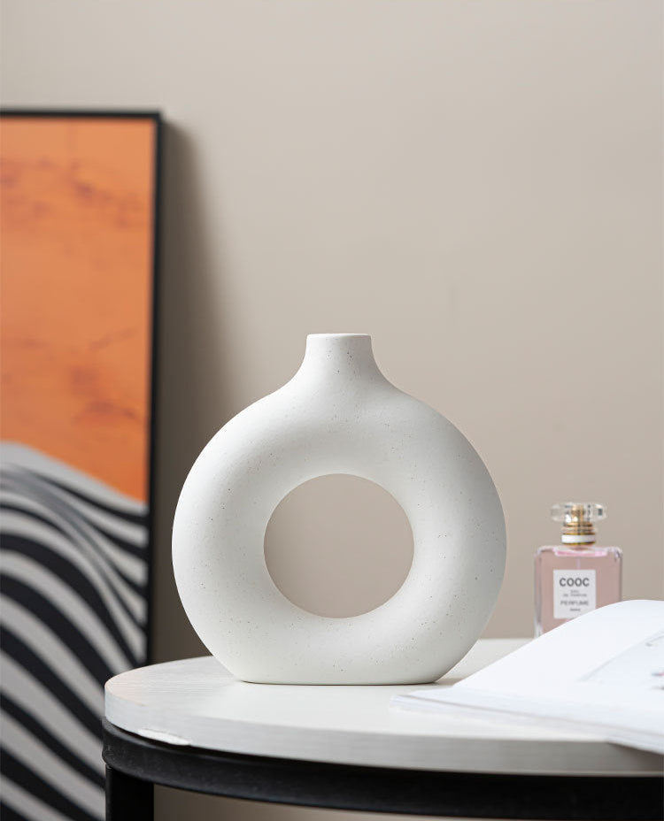 Modern Nordic Circle Ceramic Vase – Minimalist Hollow Sculpture Vessel