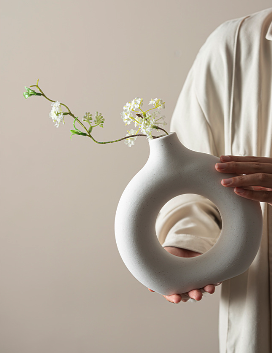 Modern Nordic Circle Ceramic Vase – Minimalist Hollow Sculpture Vessel