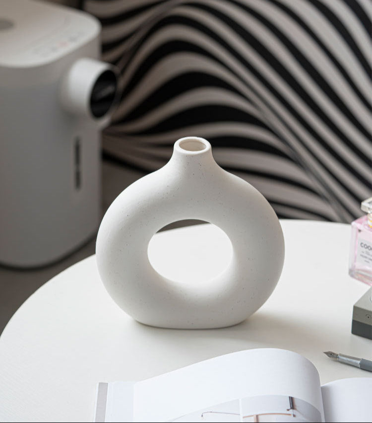 Modern Nordic Circle Ceramic Vase – Minimalist Hollow Sculpture Vessel