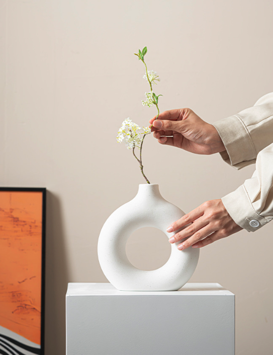 Modern Nordic Circle Ceramic Vase – Minimalist Hollow Sculpture Vessel