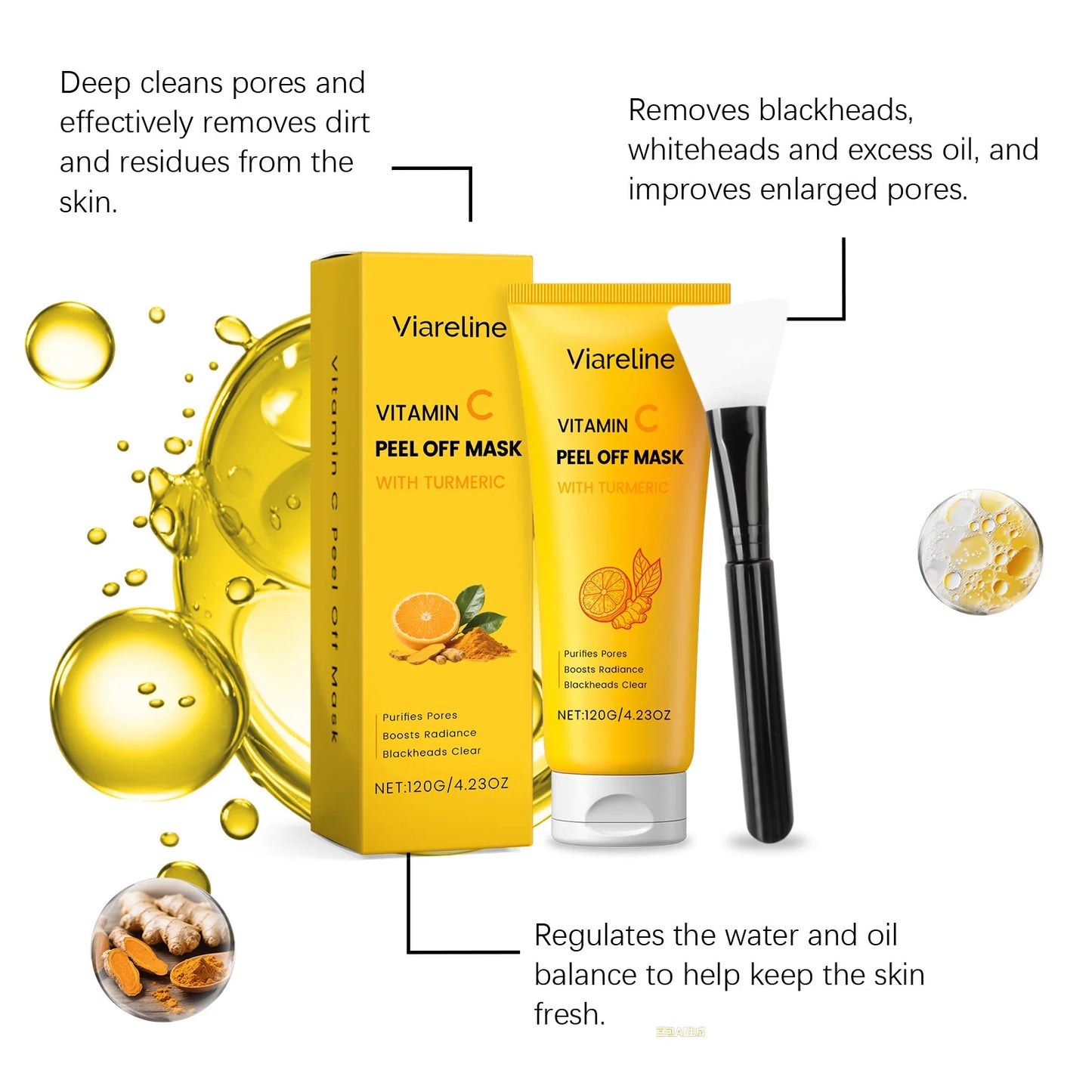 Peel-Off Facial Mask Deep Cleansing Brightening Shrink Pores Blackhead Remover Repair Moisturizing Turmeric Peel-Off Facial Mask