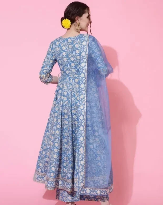 Indian Style Blue Pure Cotton Floral Dress With Printed Casual Daily Three Piece Set Shivering Indian Saree Indian Sari