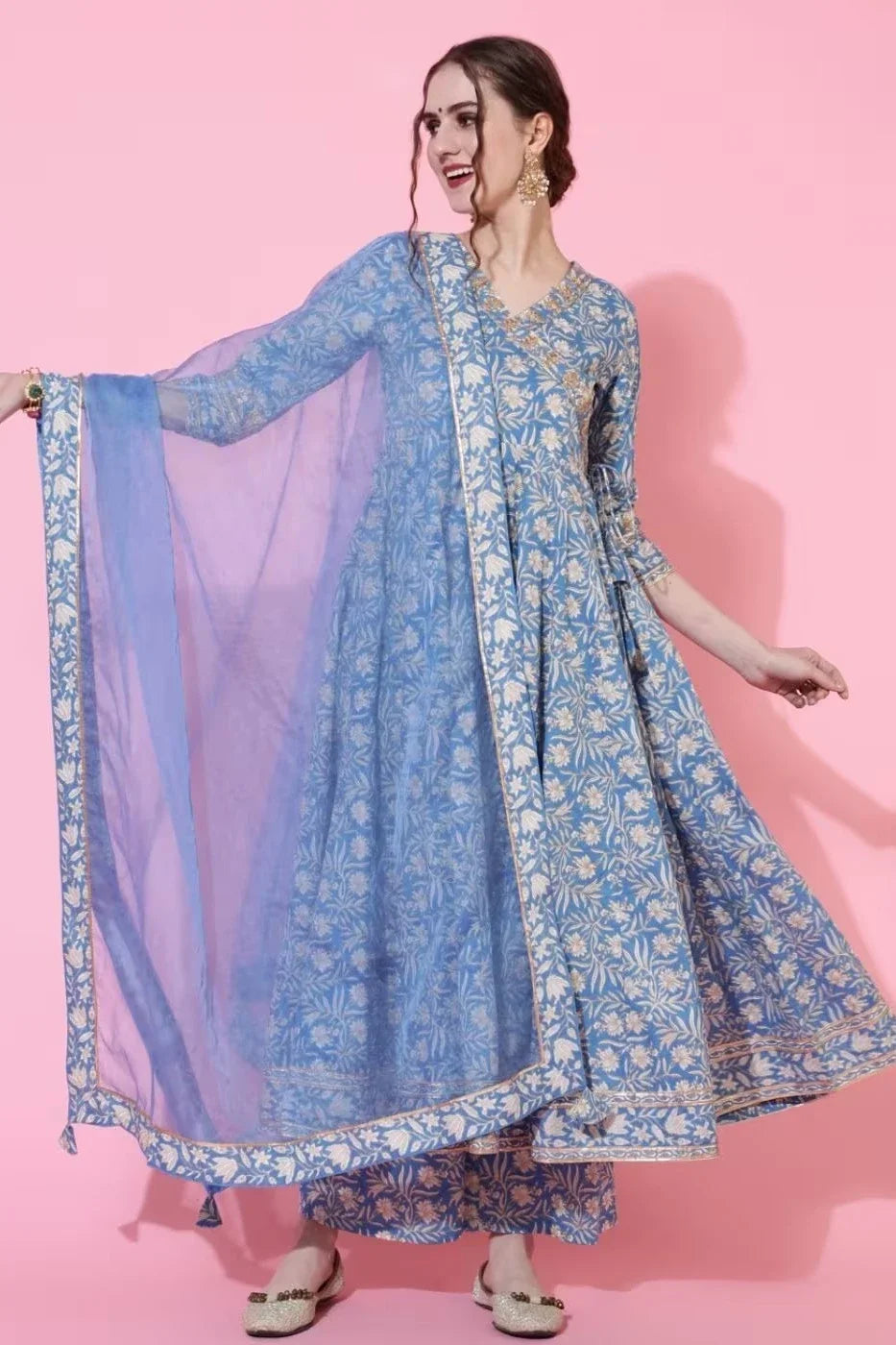 Indian Style Blue Pure Cotton Floral Dress With Printed Casual Daily Three Piece Set Shivering Indian Saree Indian Sari