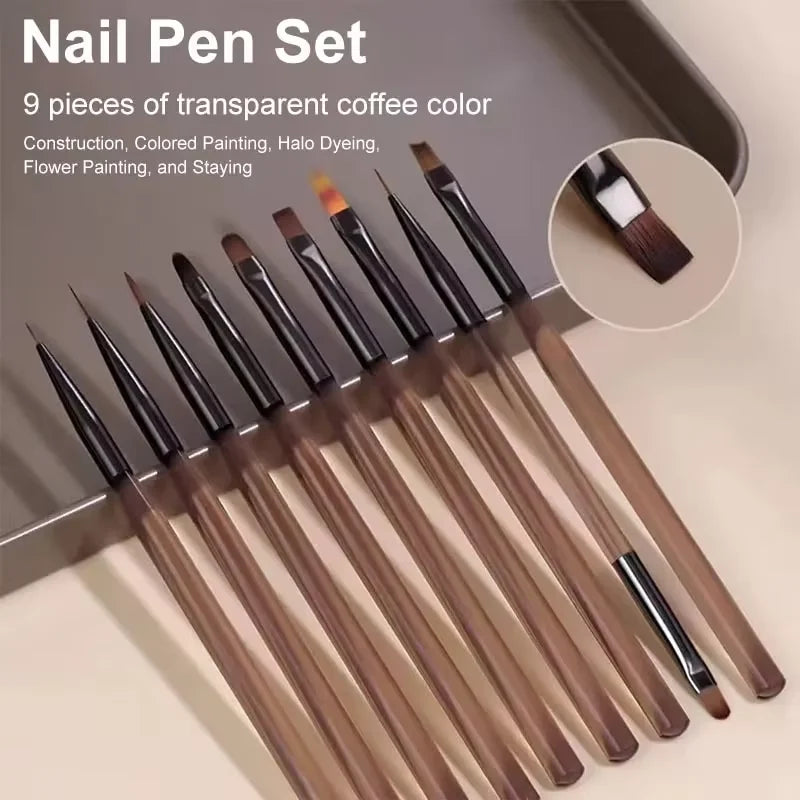 LINMANDA Nail Art Design Pen Painting Tools with Nail Extension Gel Brush Nail Gel Brush Salon at Home Diy Manicure 9psc