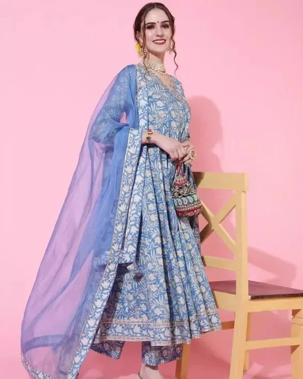Indian Style Blue Pure Cotton Floral Dress With Printed Casual Daily Three Piece Set Shivering Indian Saree Indian Sari
