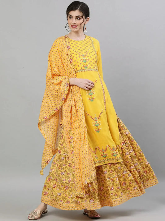 Indian Saree New Style Women's Indian Sari Suit Cotton Silk Round Neck Long Print Daily Casual Yellow Suit