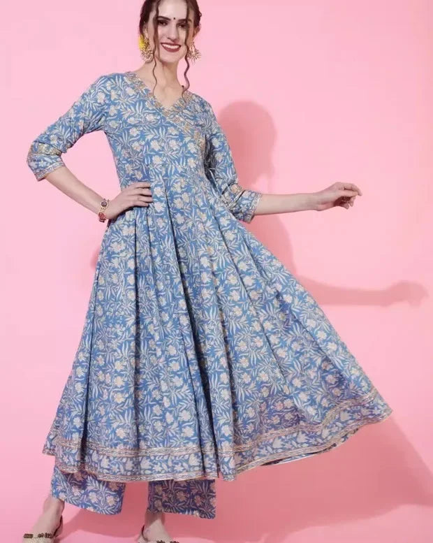 Indian Style Blue Pure Cotton Floral Dress With Printed Casual Daily Three Piece Set Shivering Indian Saree Indian Sari