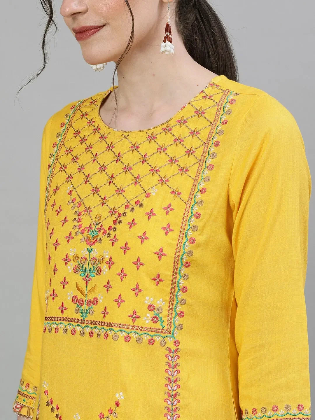 Indian Saree New Style Women's Indian Sari Suit Cotton Silk Round Neck Long Print Daily Casual Yellow Suit