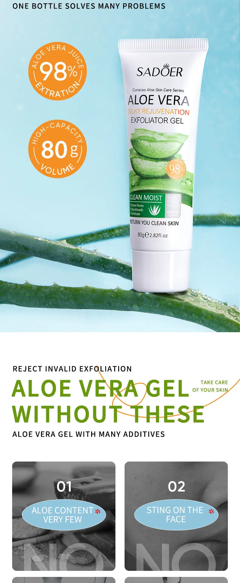 SADOER Exfoliating Aloe Vera Gel Facial Cleanser Deep Cleansing Exfoliant Gentle Tender Face Exfoliation Facial Exfoliator