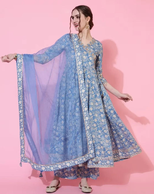 Indian Style Blue Pure Cotton Floral Dress With Printed Casual Daily Three Piece Set Shivering Indian Saree Indian Sari