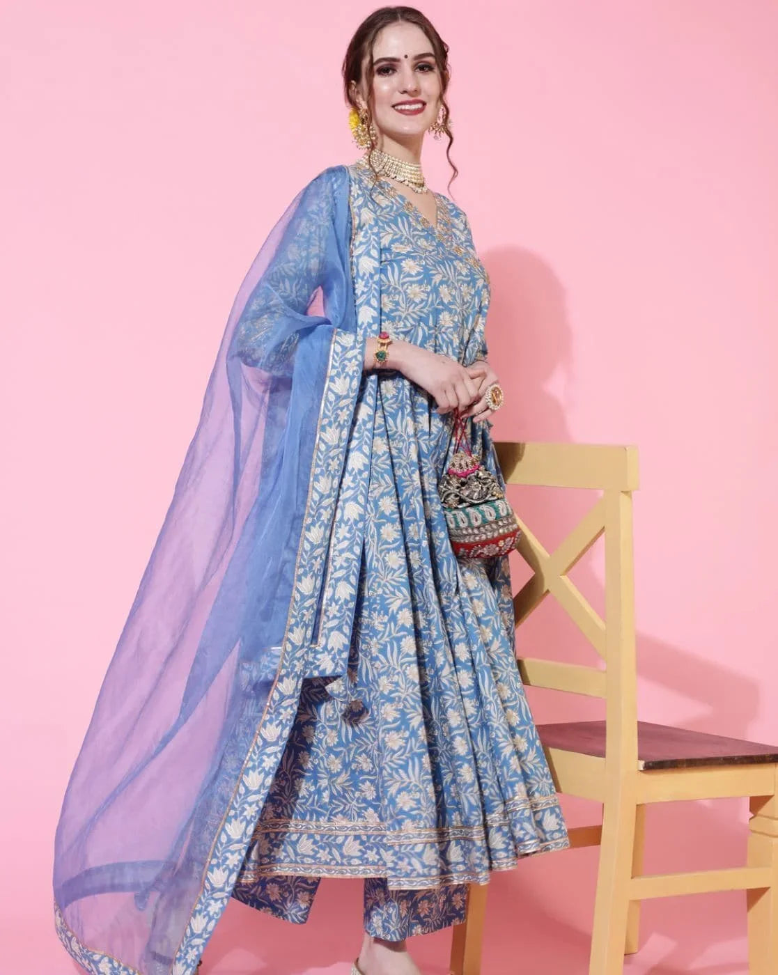 Indian Style Blue Pure Cotton Floral Dress With Printed Casual Daily Three Piece Set Shivering Indian Saree Indian Sari